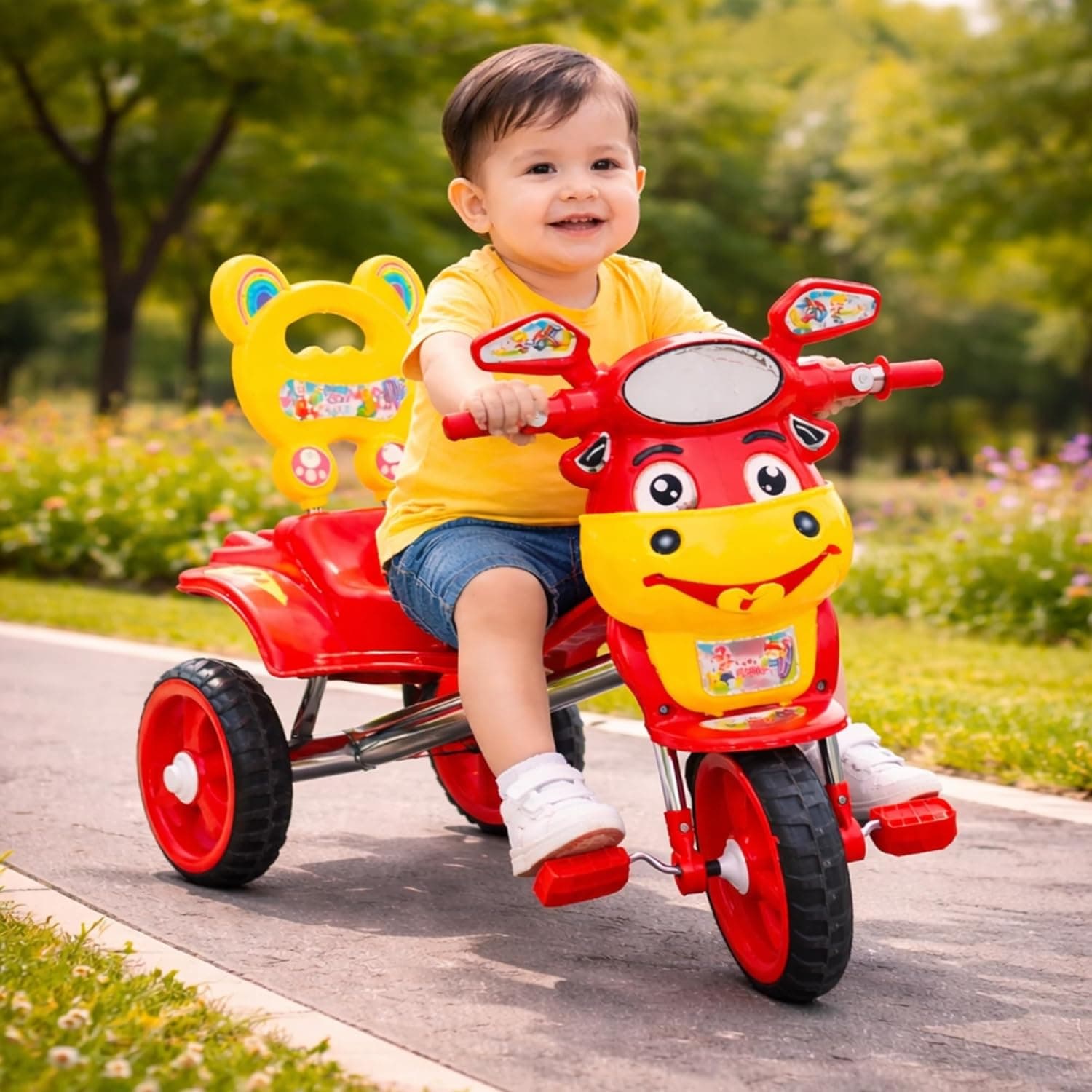 GURTOY® Bunny Style Red Kids Tricycle for 1–4 Years | Cartoon Face Baby Tricycle with Pedals, Parent Push Handle & Stable 3-Wheel Design | Indoor & Outdoor Ride-On Cycle