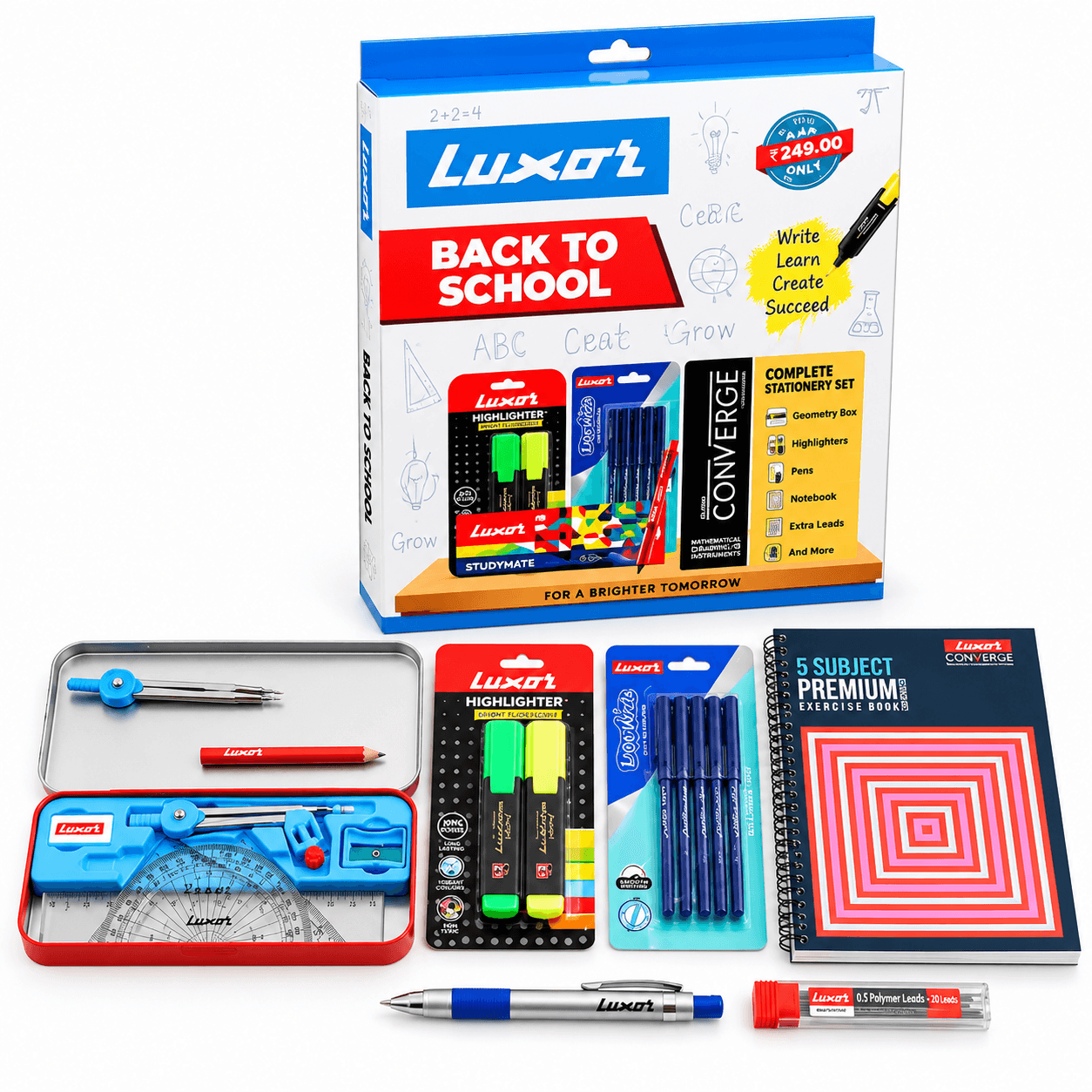 GURTOY® Back to School Stationery Gift Set for Kids – Notebook, Geometry Box, Pens, Highlighters & School Essentials Combo