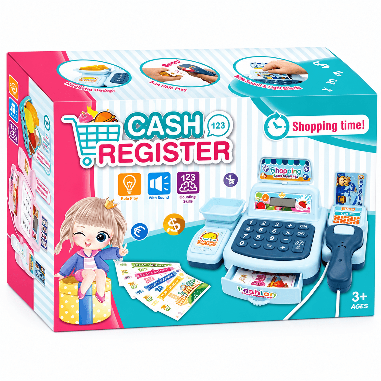 GURTOY® Kids Cash Register Toy Set with Scanner, Play Money & Calculator – Pretend Shopping Supermarket Playset